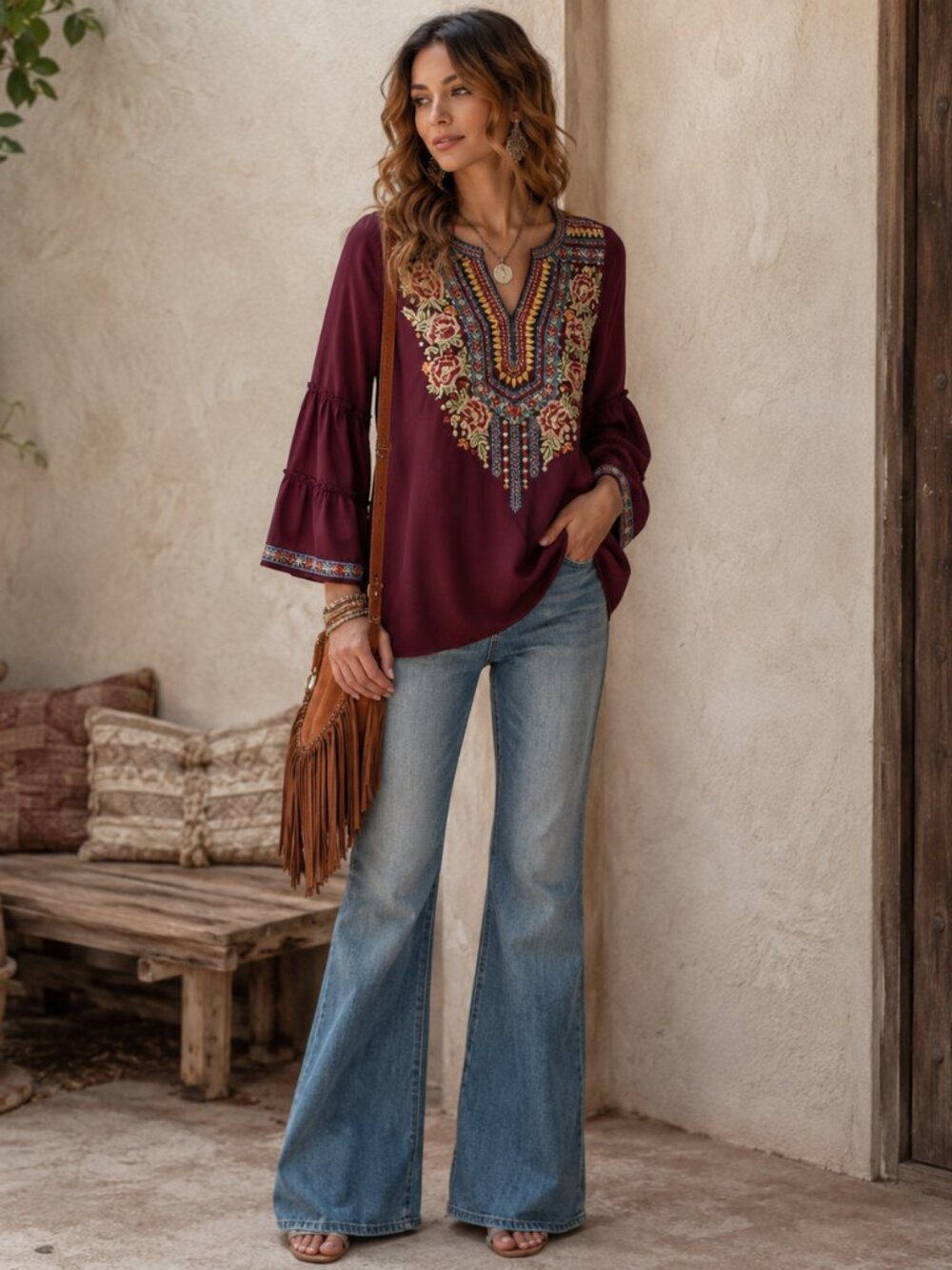 Savannah Jane Embroidered Top Womens S Burgundy Bell Sleeve Boho Chic